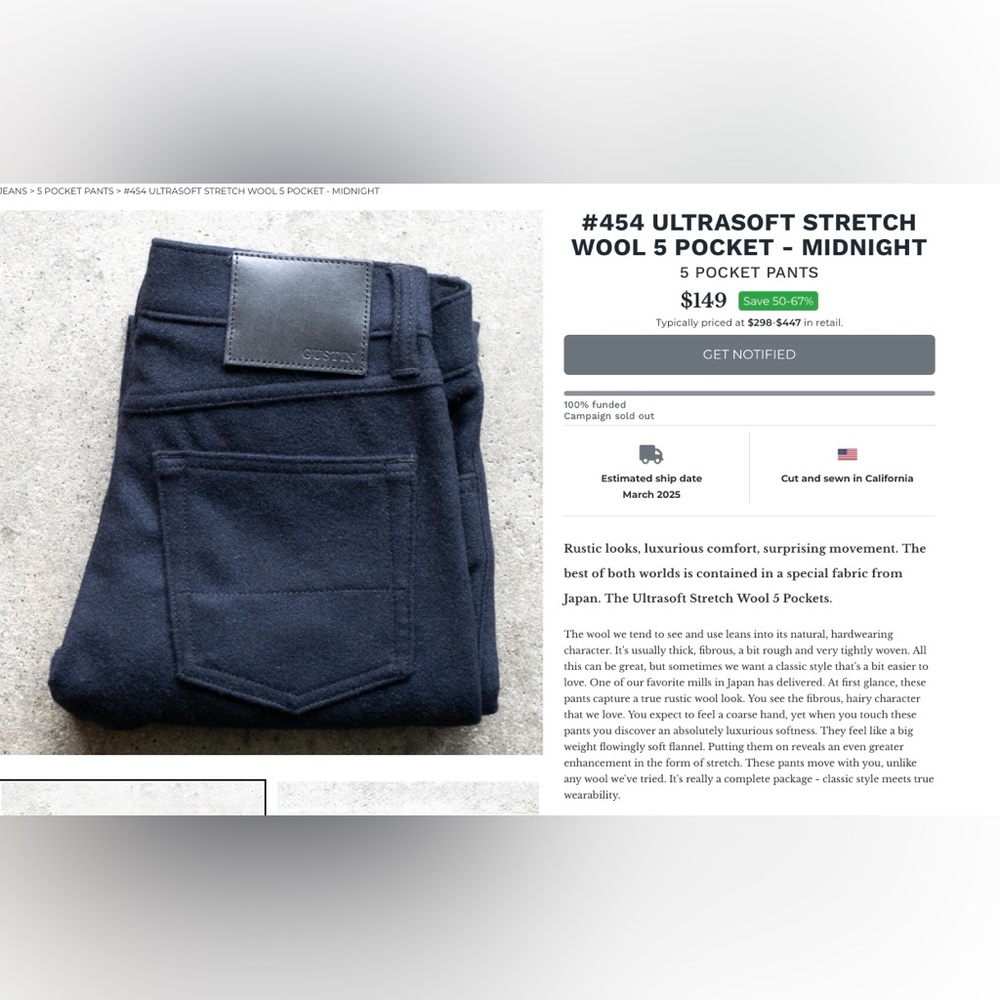 Gustin #454 ULTRASOFT STRETCH WOOL 5 POCKET - MIDNIGHT
5 POCKET PANTS